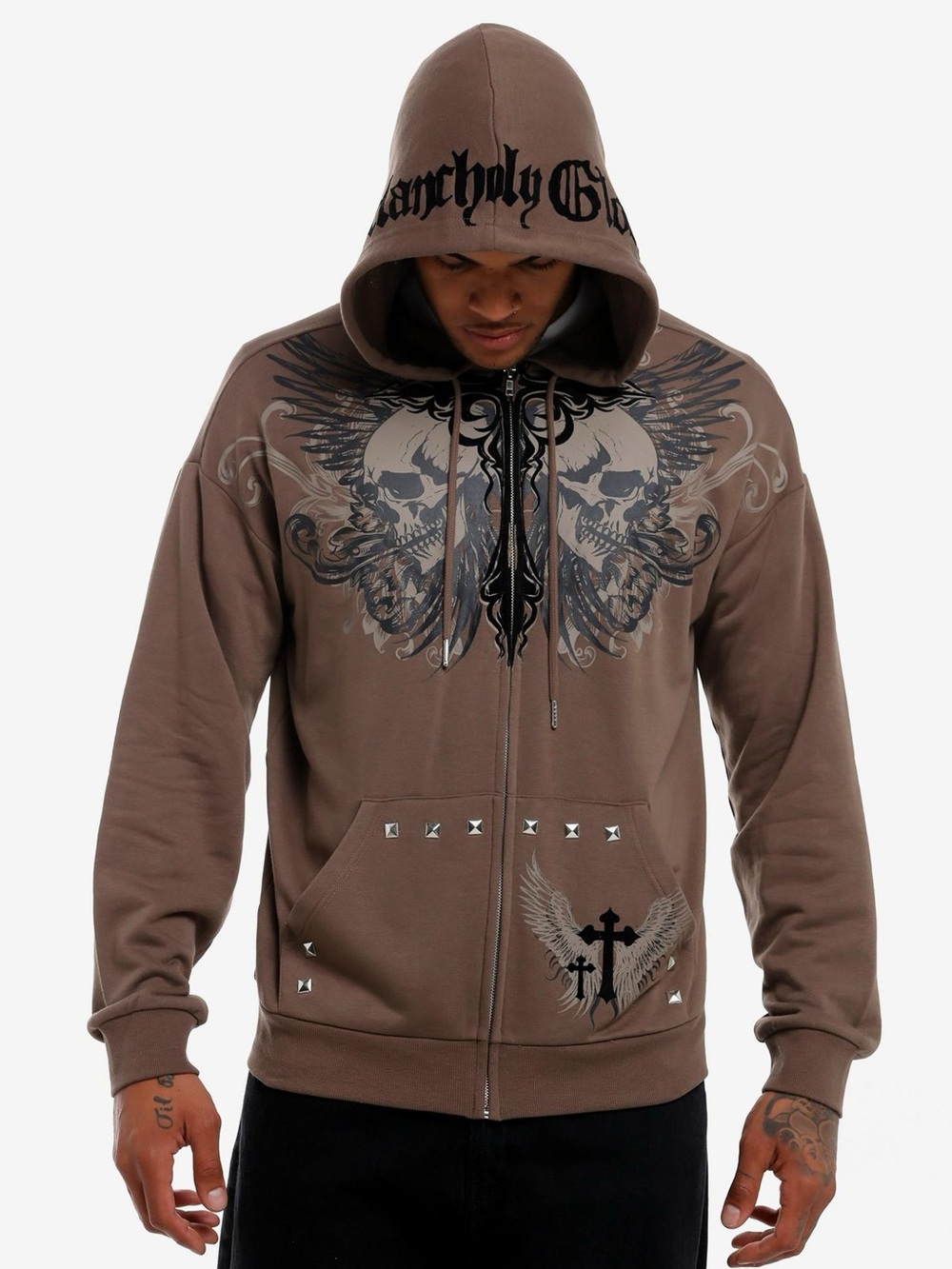 Embroidered Wing Skull Zip-Up Hoodie - Brown